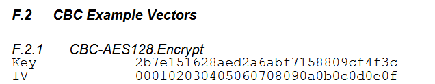 First Example AES 128bit CBC Encryption Key from NIST document SP800-38A